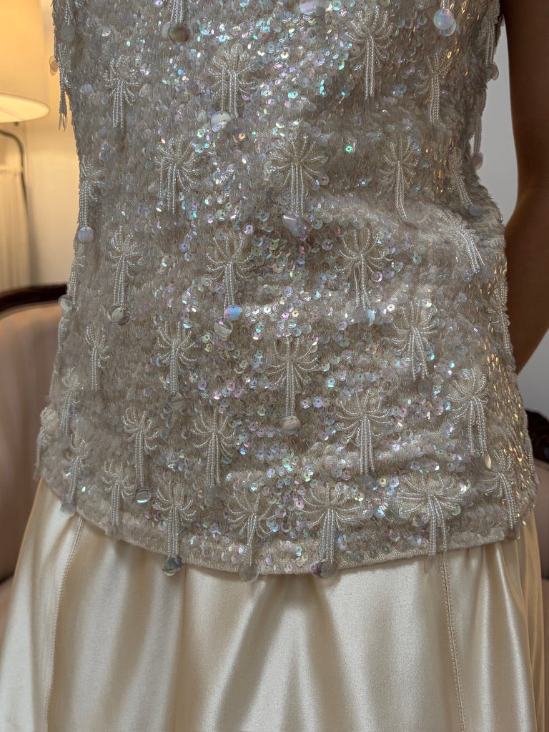 Vintage 60s ivory heavily embellished top with fringed beading