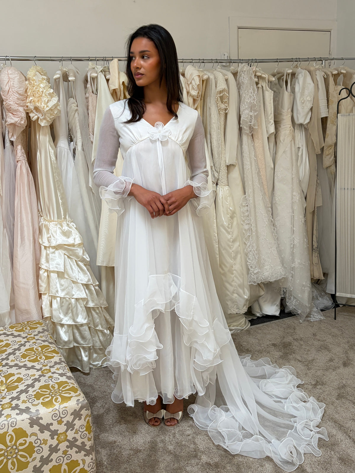 Vintage 70s Margo Prince ethereal ruffled chiffon long sleeve wedding dress with train