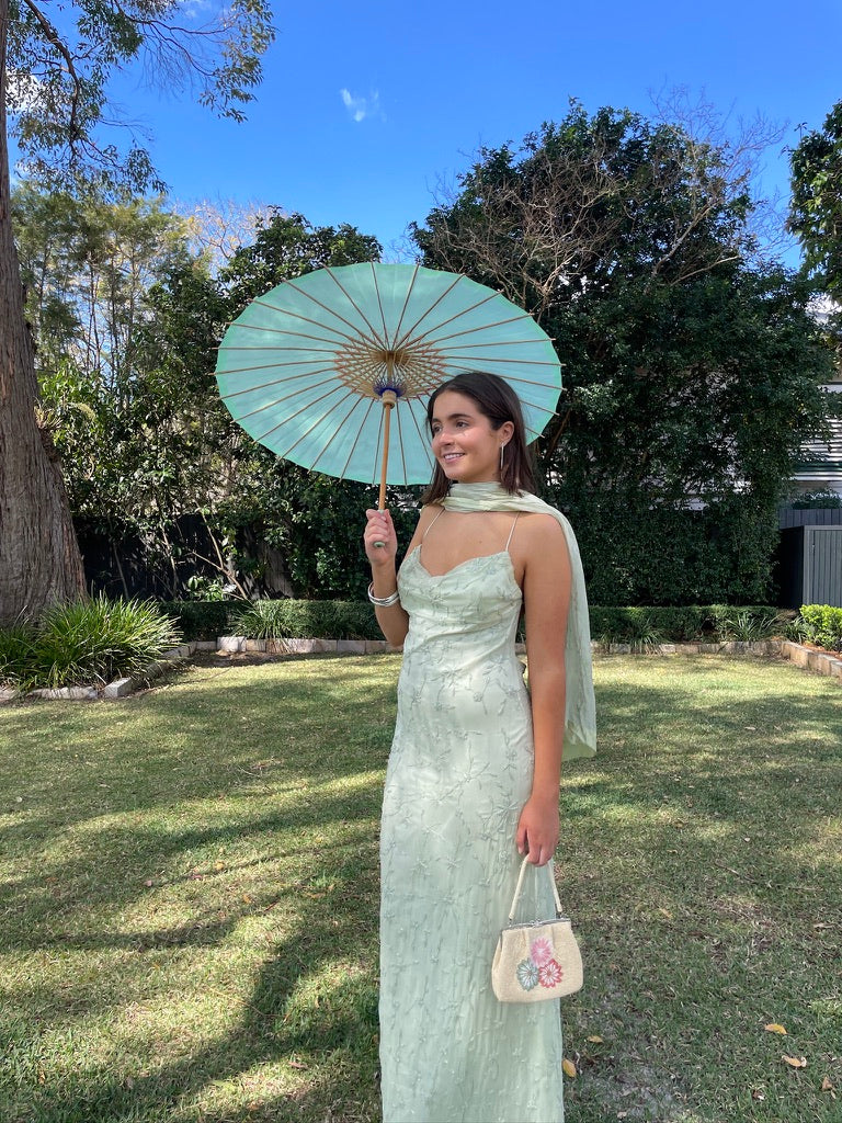 Vintage 90s pistachio green silk beaded open back evening dress
