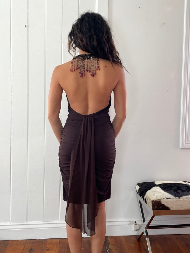 Vintage 90s brown backless mini dress with beaded fringe neckline
