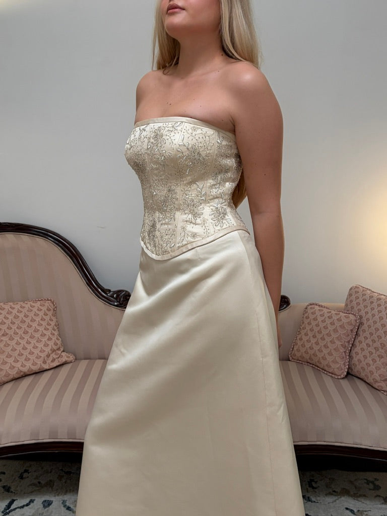 Vintage 00s Pronuptia champagne strapless wedding dress with detachable train