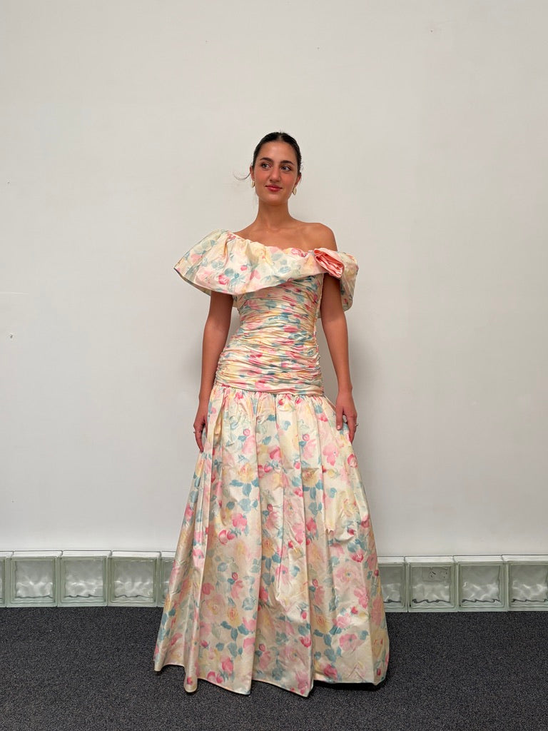 Vintage 80s rare Stephan Caras drop waist floral evening gown