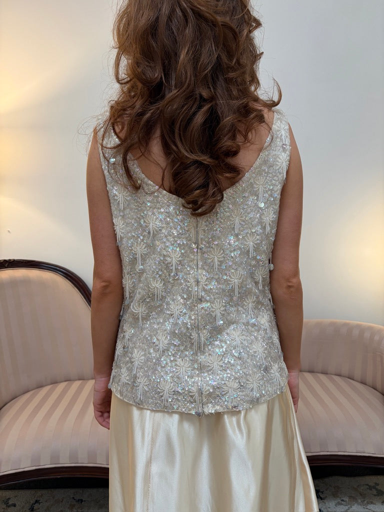 Vintage 60s ivory heavily embellished top with fringed beading
