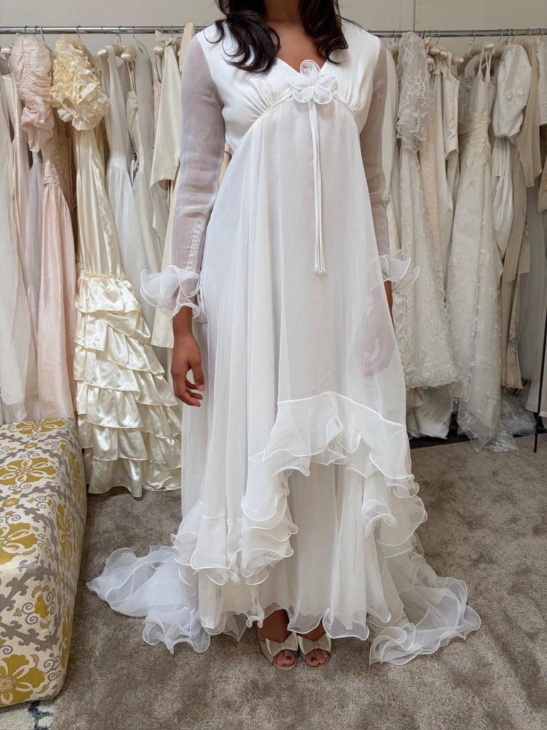 Vintage 70s Margo Prince ethereal ruffled chiffon long sleeve wedding dress with train