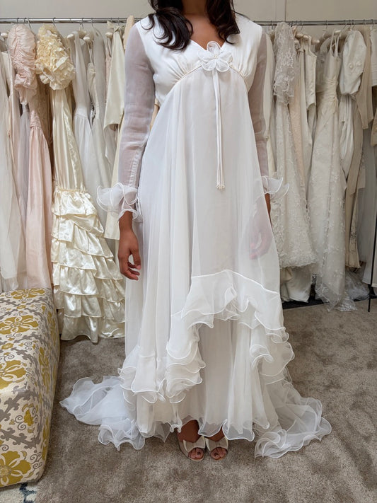 Vintage 70s Margo Prince ethereal ruffled chiffon long sleeve wedding dress with train