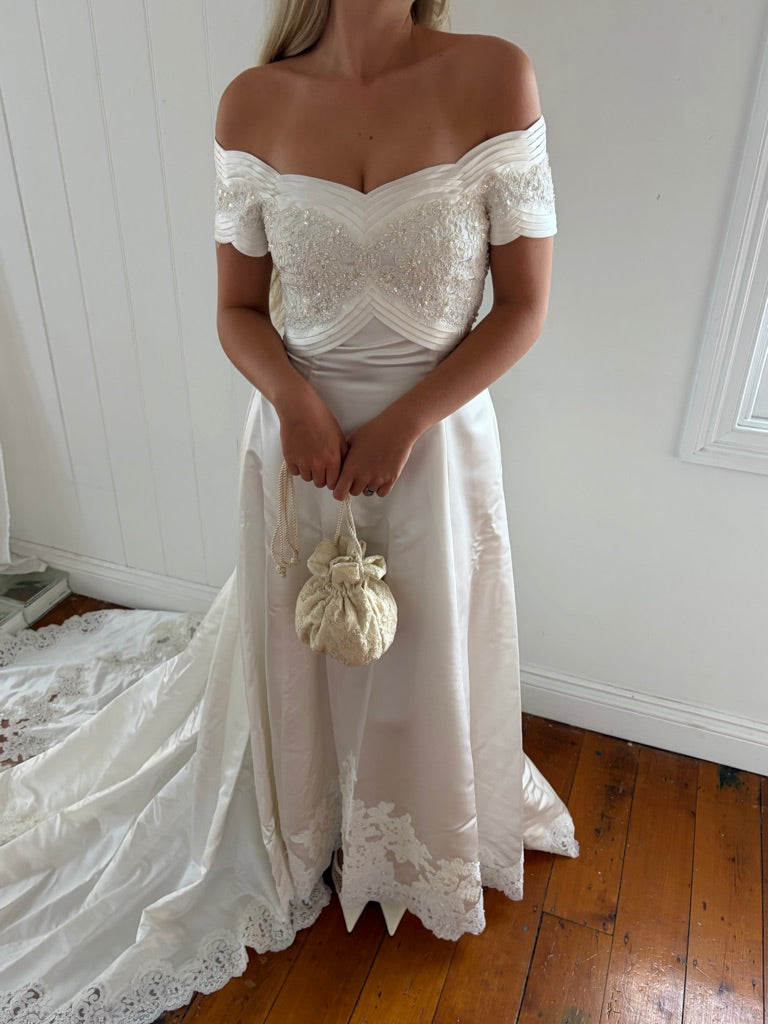 Vintage 90s ivory off shoulder pleated wedding gown with train