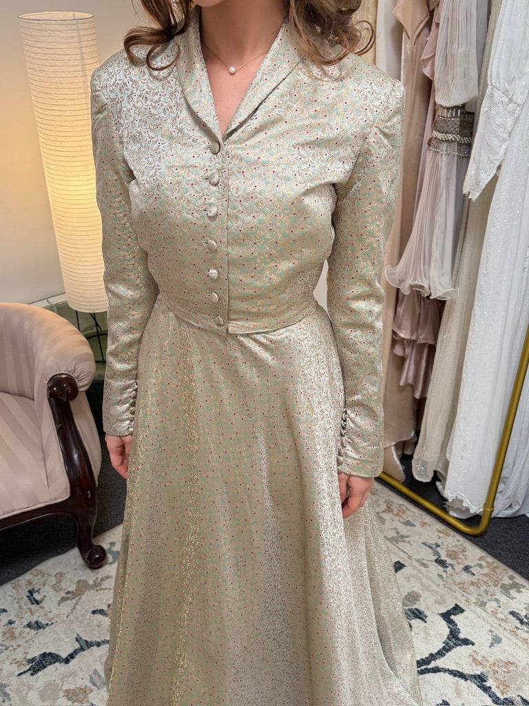 Vintage 50s gold brocade strapless evening gown with jacket