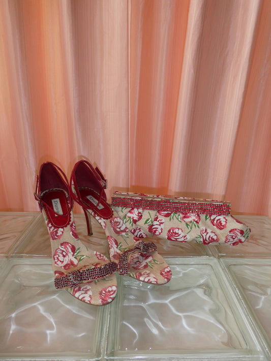 Dune rose print red stiletto heels and matching clutch set size 41