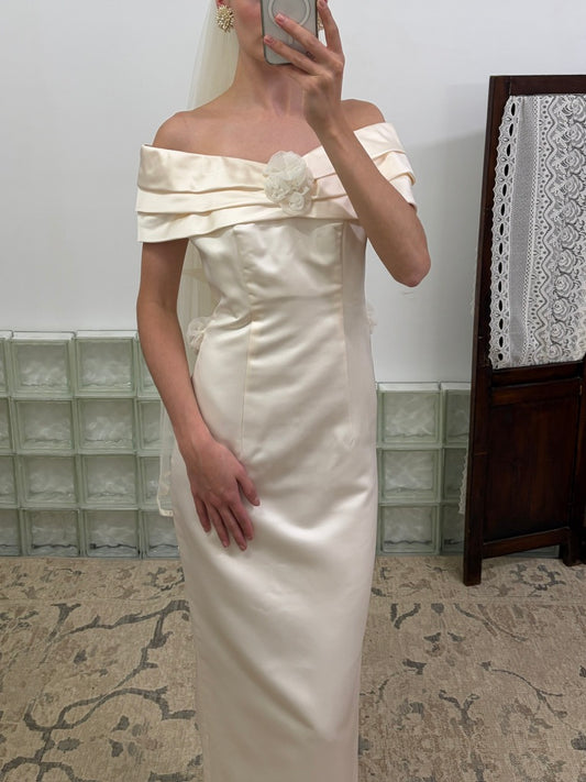 Vintage 1997 silk off shoulder wedding dress with rosettes