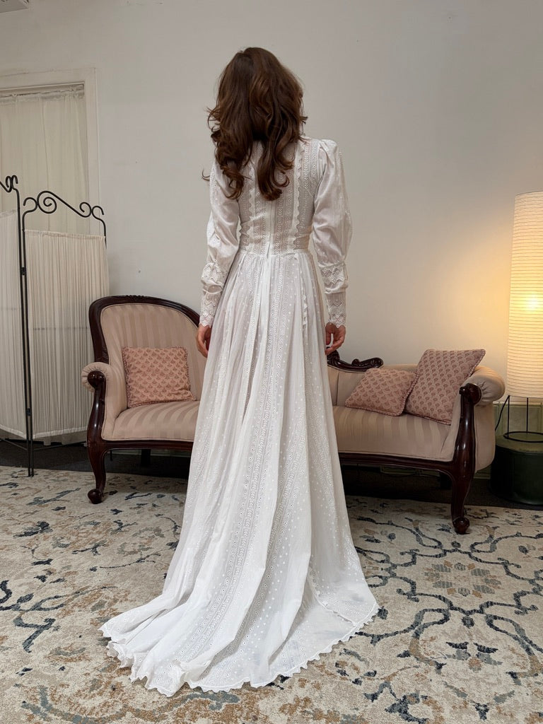 Vintage 70s embroidered cotton voile long sleeve wedding dress with train