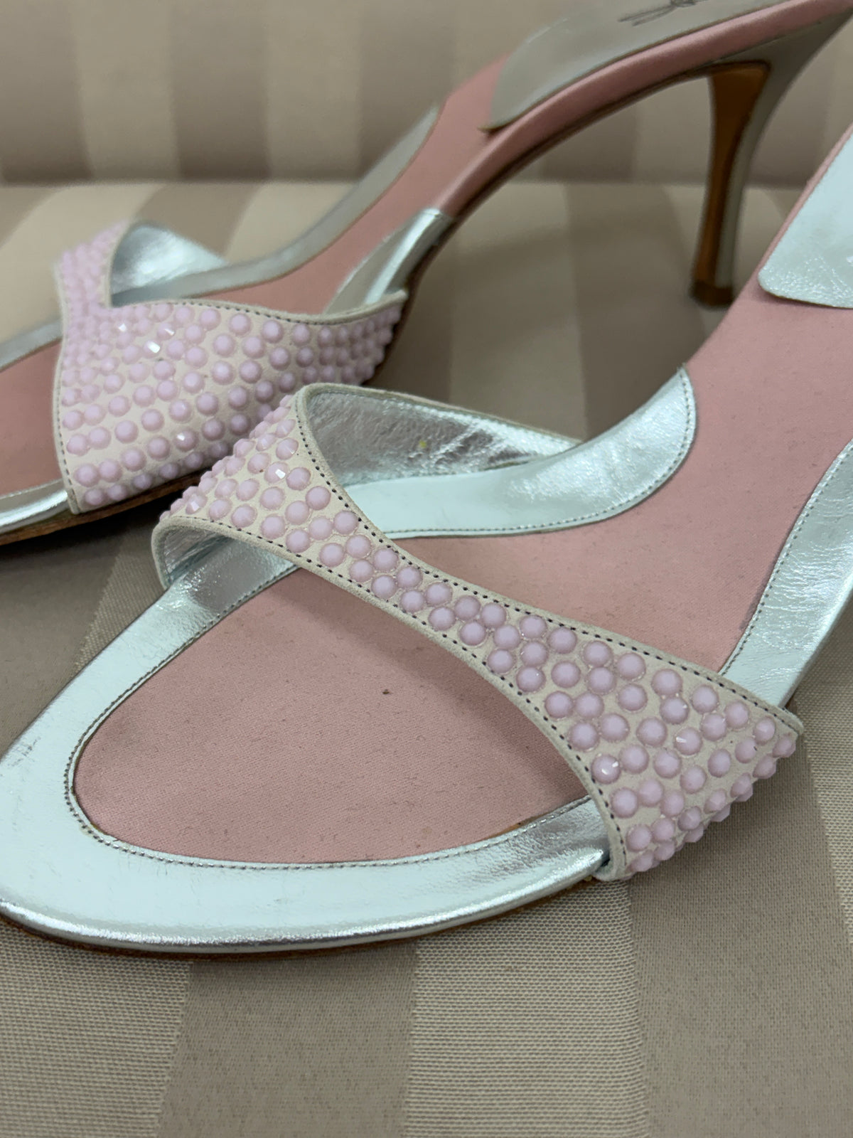 Vintage 90s Rodo baby pink embellished mule heels