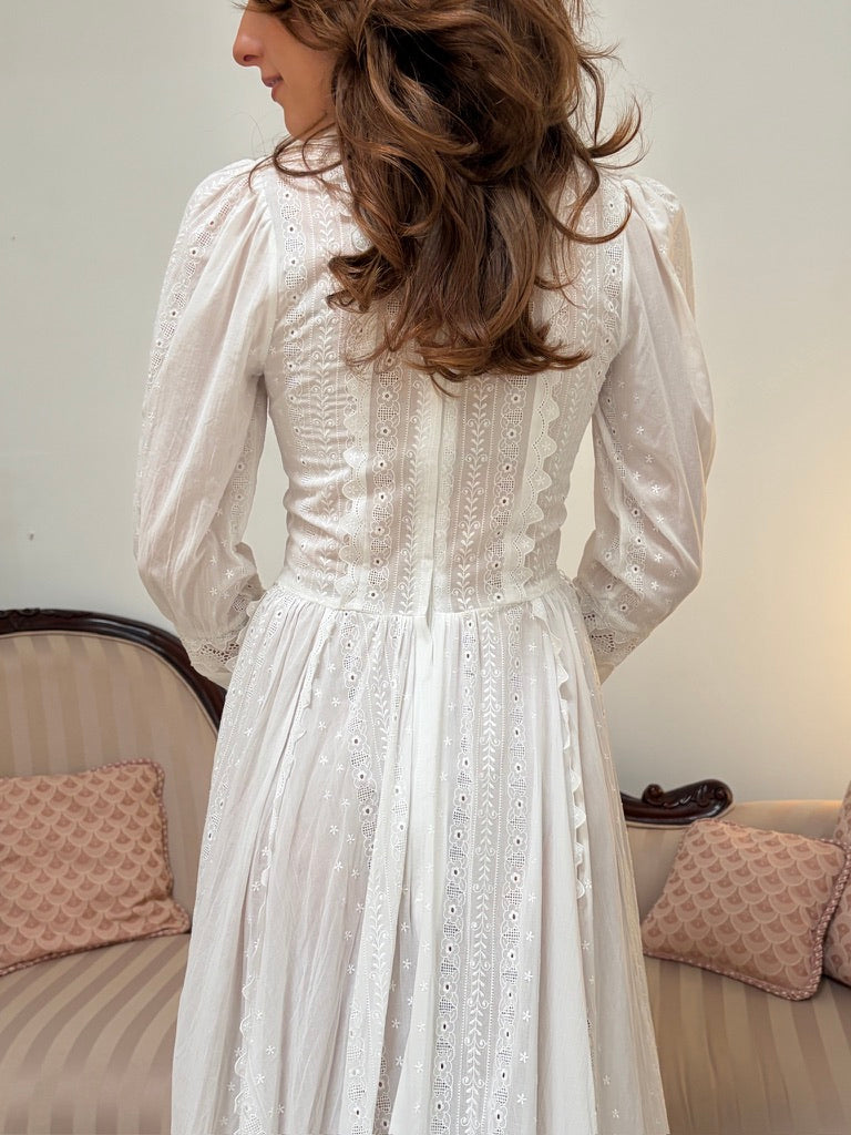 Vintage 70s embroidered cotton voile long sleeve wedding dress with train