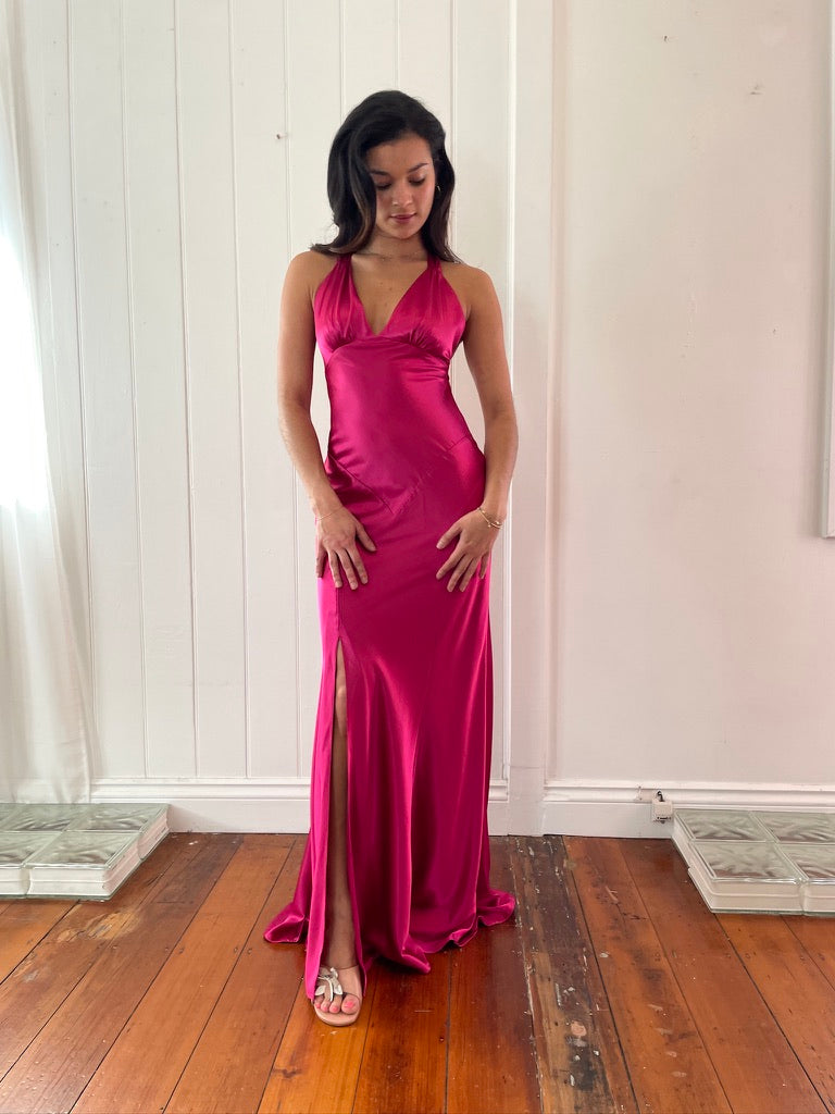 Vintage y2k Ruth Tarvydas hot pink satin evening gown