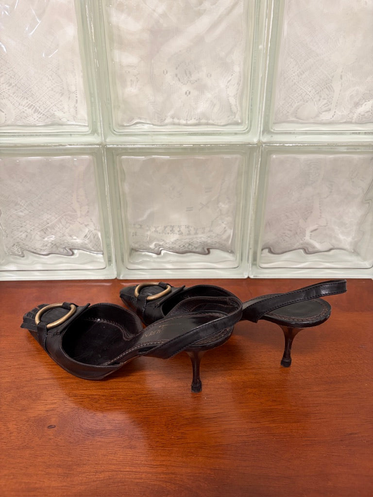 Vintage Yves Saint Laurent black leather pointed toe slingback kitten heels