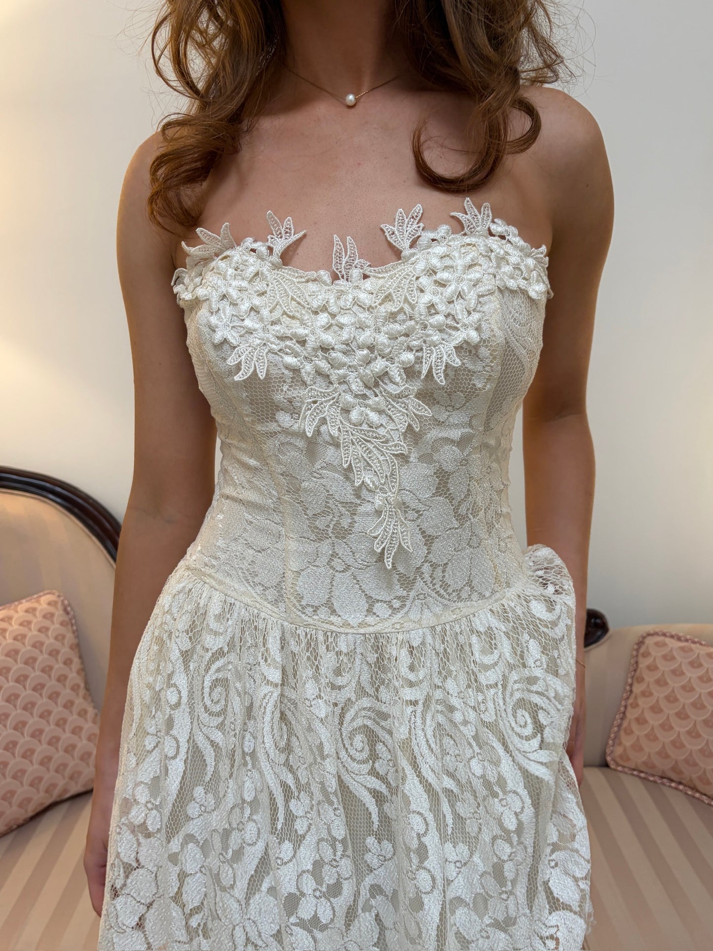 Vintage 80s strapless tiered lace column wedding dress