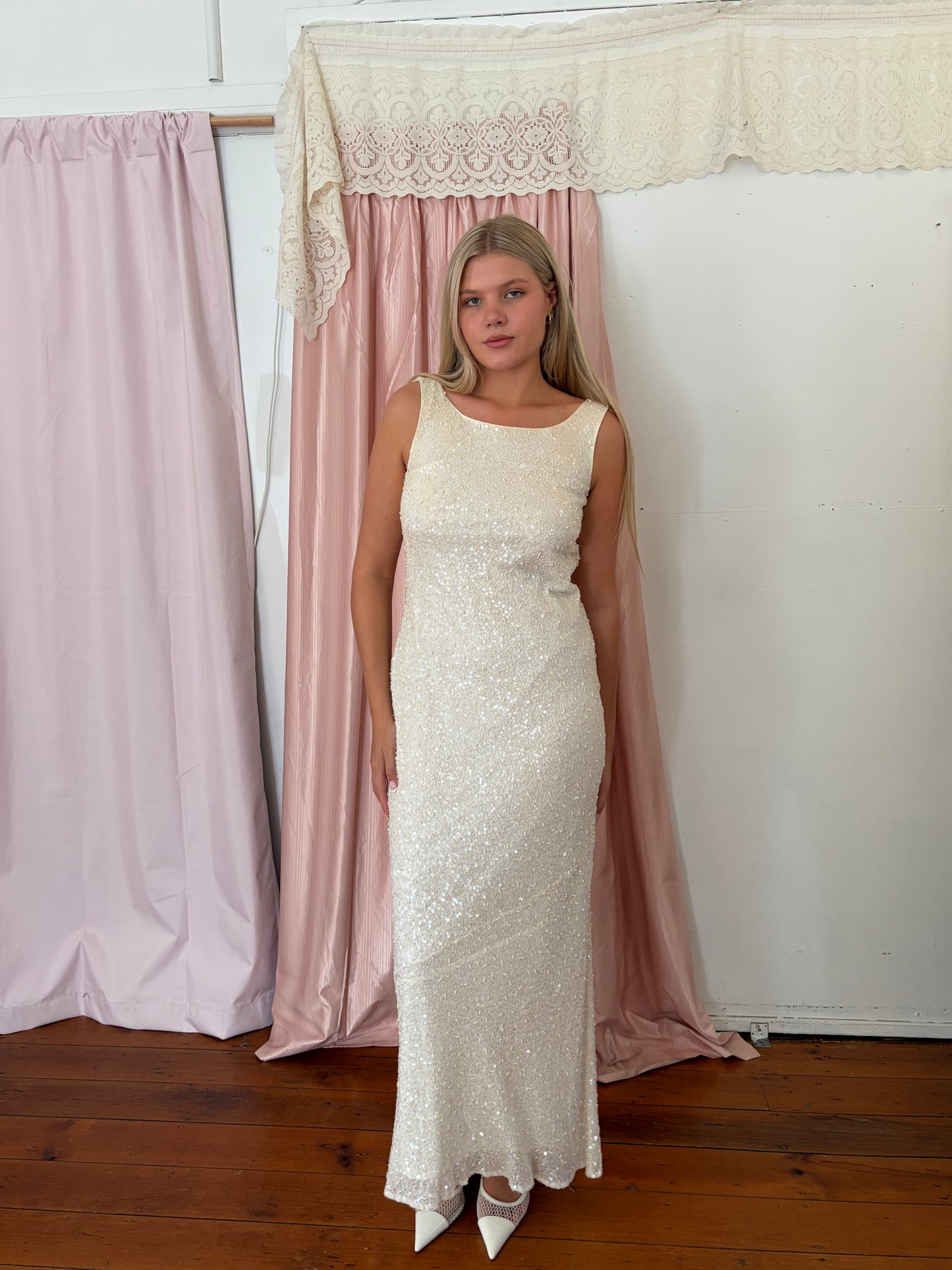 Vintage 90s silk beaded high neck gown with low back