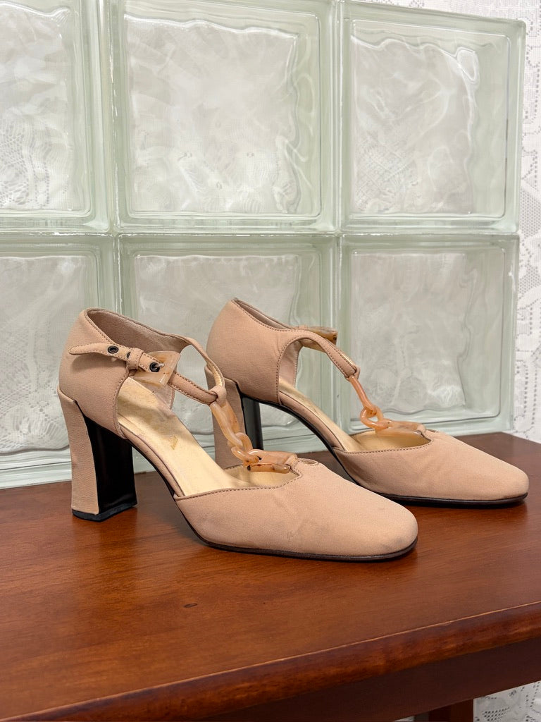 Vintage Prada beige nylon closed toe t-strap heels