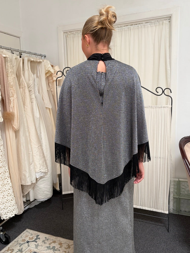 Vintage 70s silver evening dress with matching fringed cape