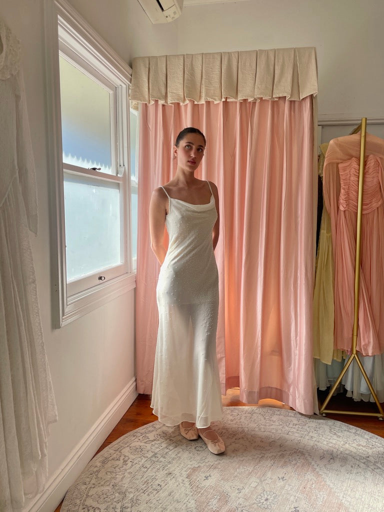 Vintage 90s white silk beaded bias cut slip dress