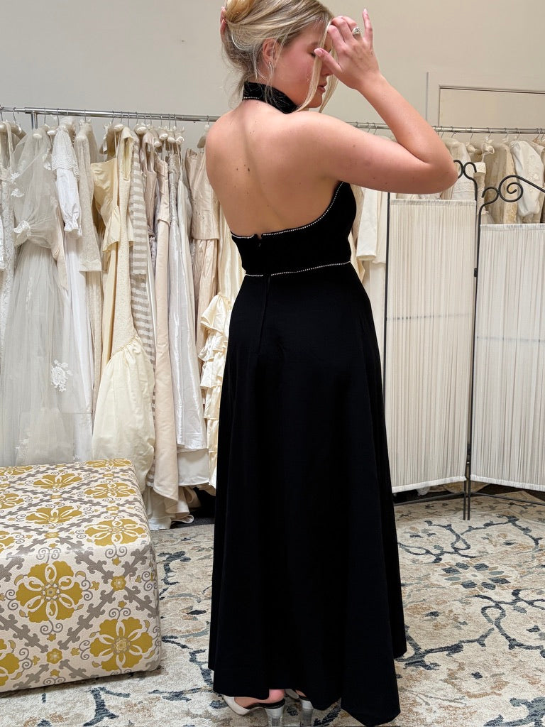 Vintage 70s Joan Leslie black open back halter gown with diamante trim
