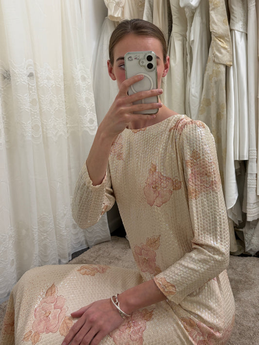 Vintage 80s Saks long sleeve sequinned floral evening dress