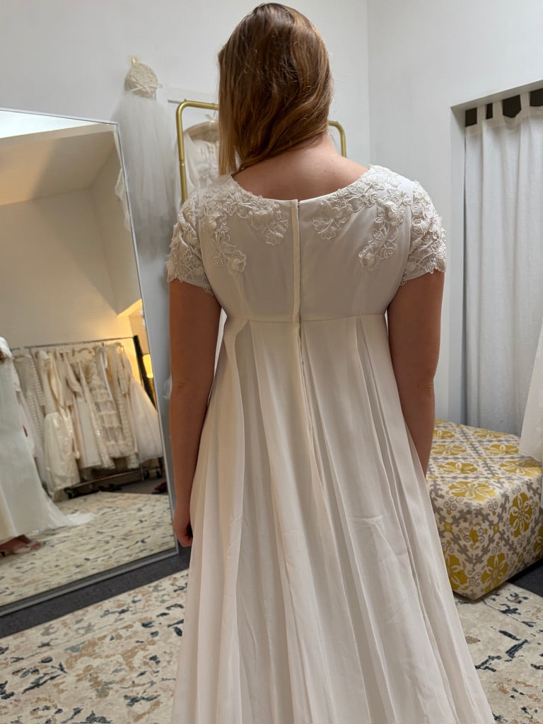 Vintage 60s column wedding dress with floral applique and dramatic train