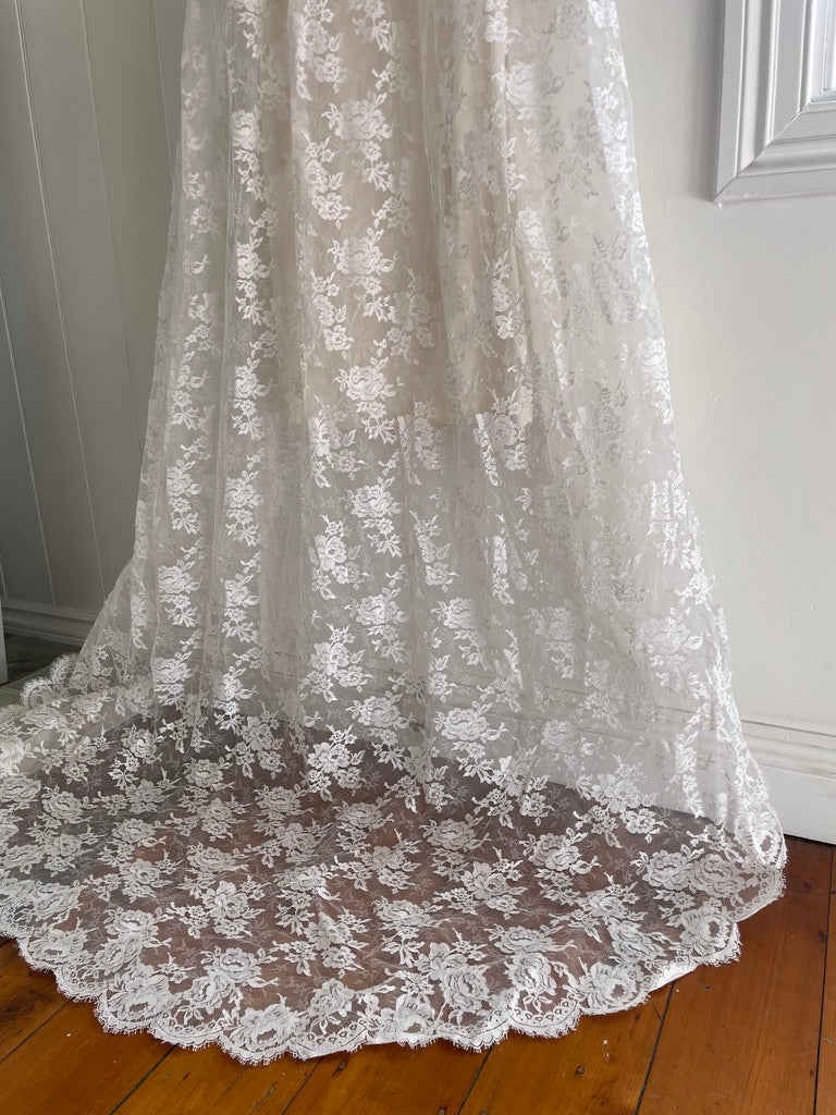 Vintage 60s long sleeve satin column gown with lace cape