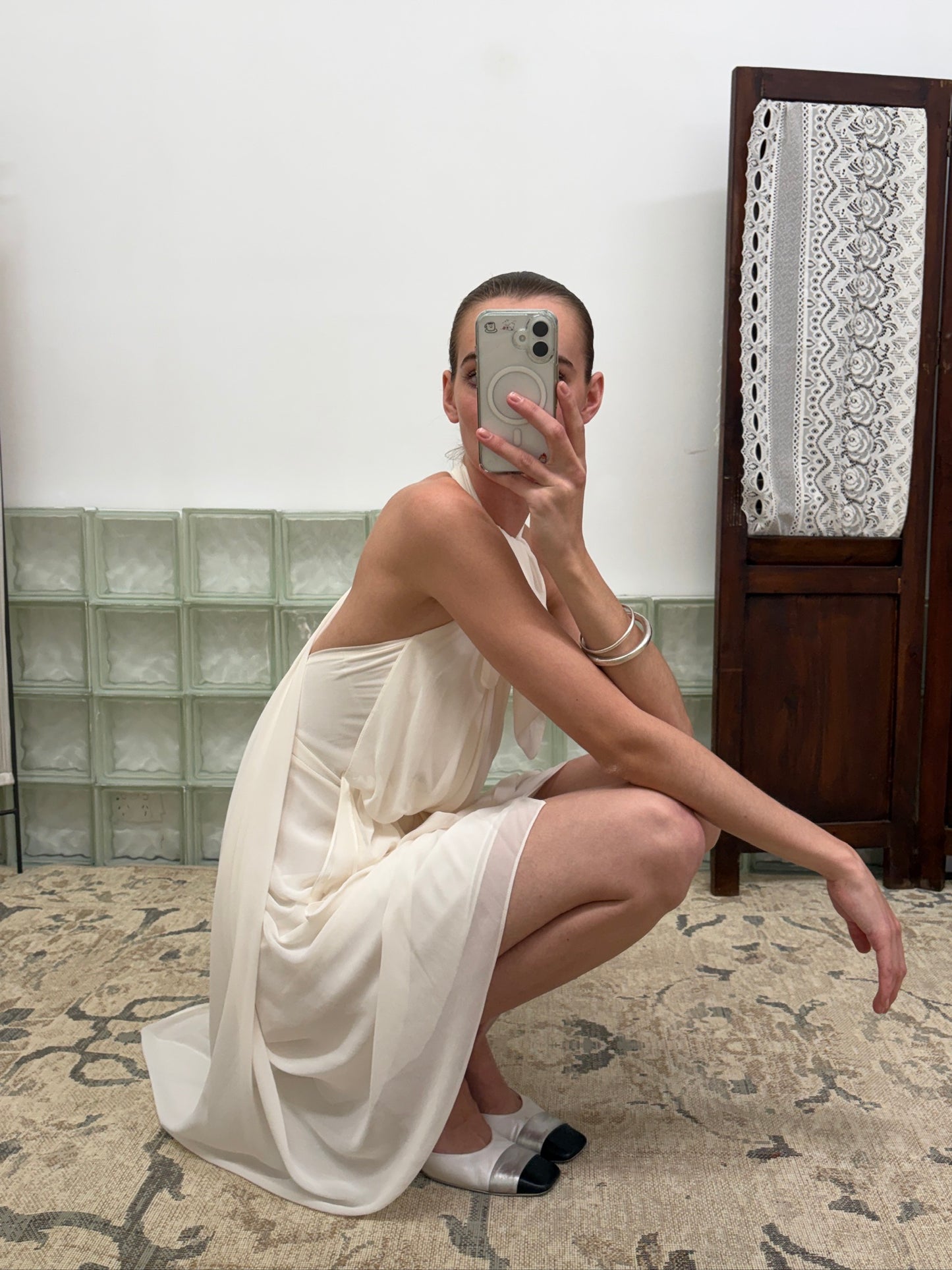 Vintage Y2K ivory draped t-back midi dress