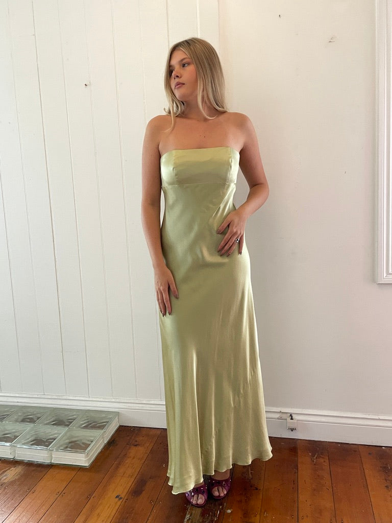 Vintage 90s pistachio green pure silk strapless gown