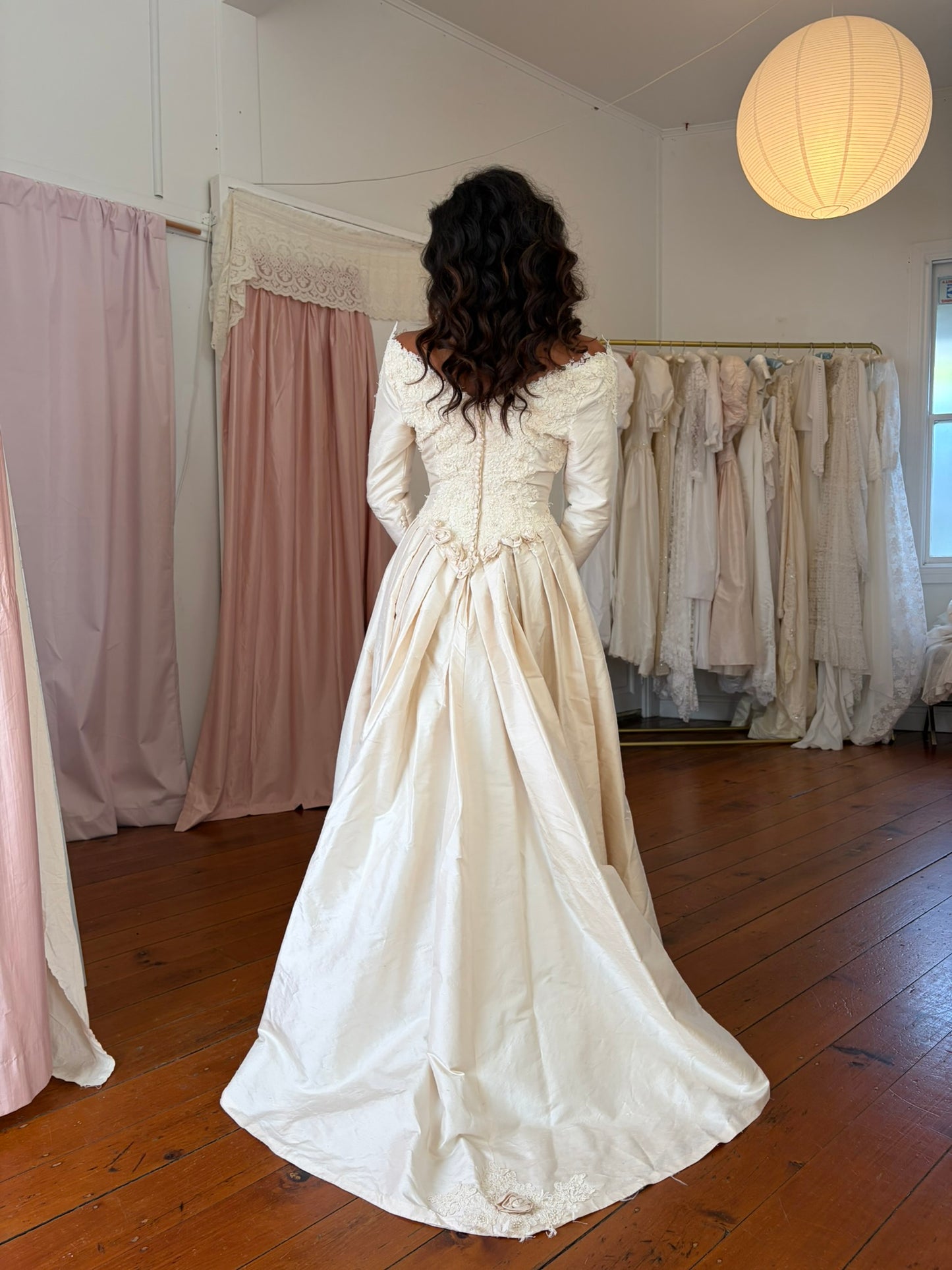 Vintage 1991 Silk dupion lone sleeve wedding gown with matching veil