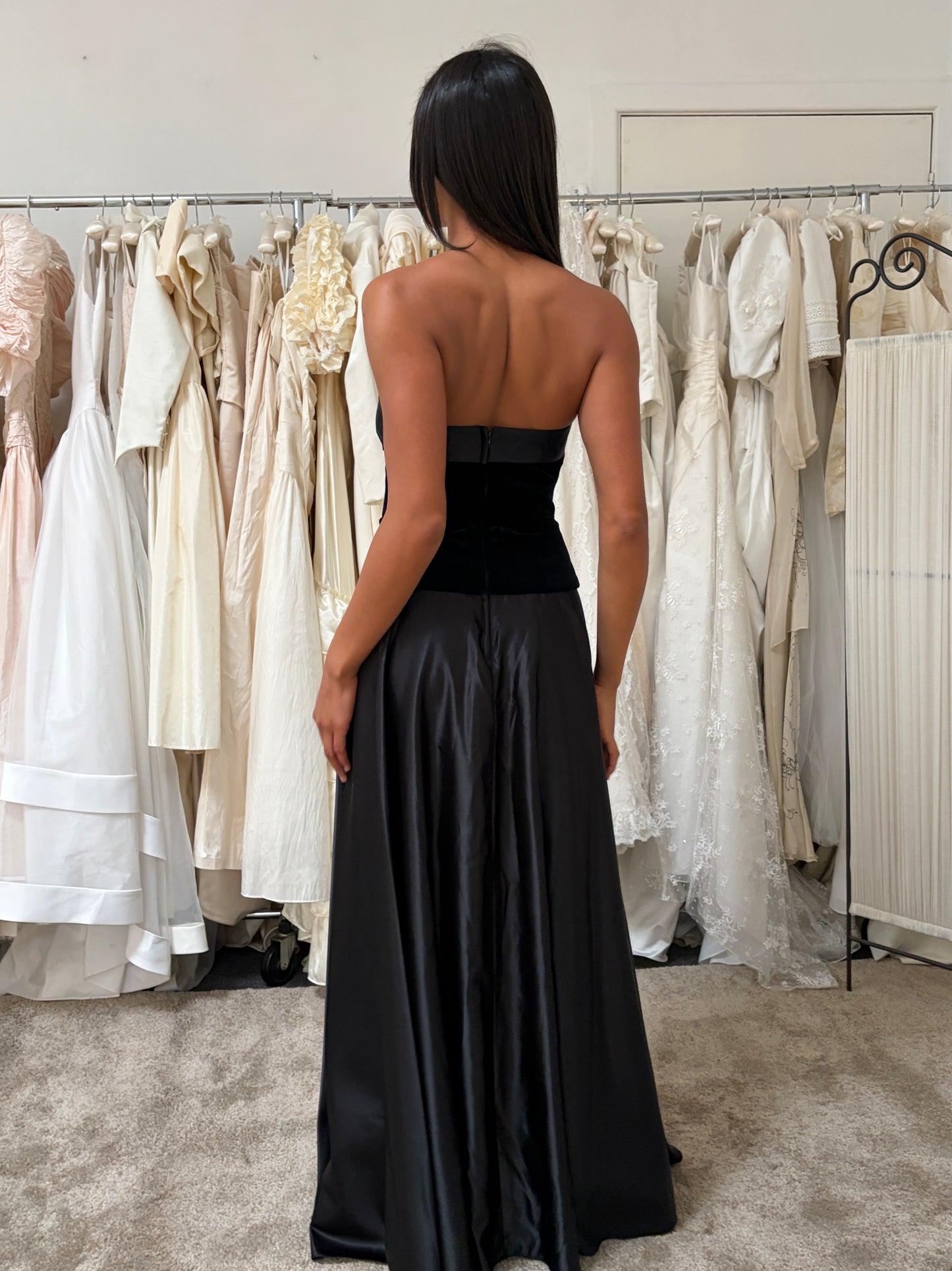 Vintage 80s Jean Allen black strapless satin velvet evening gown