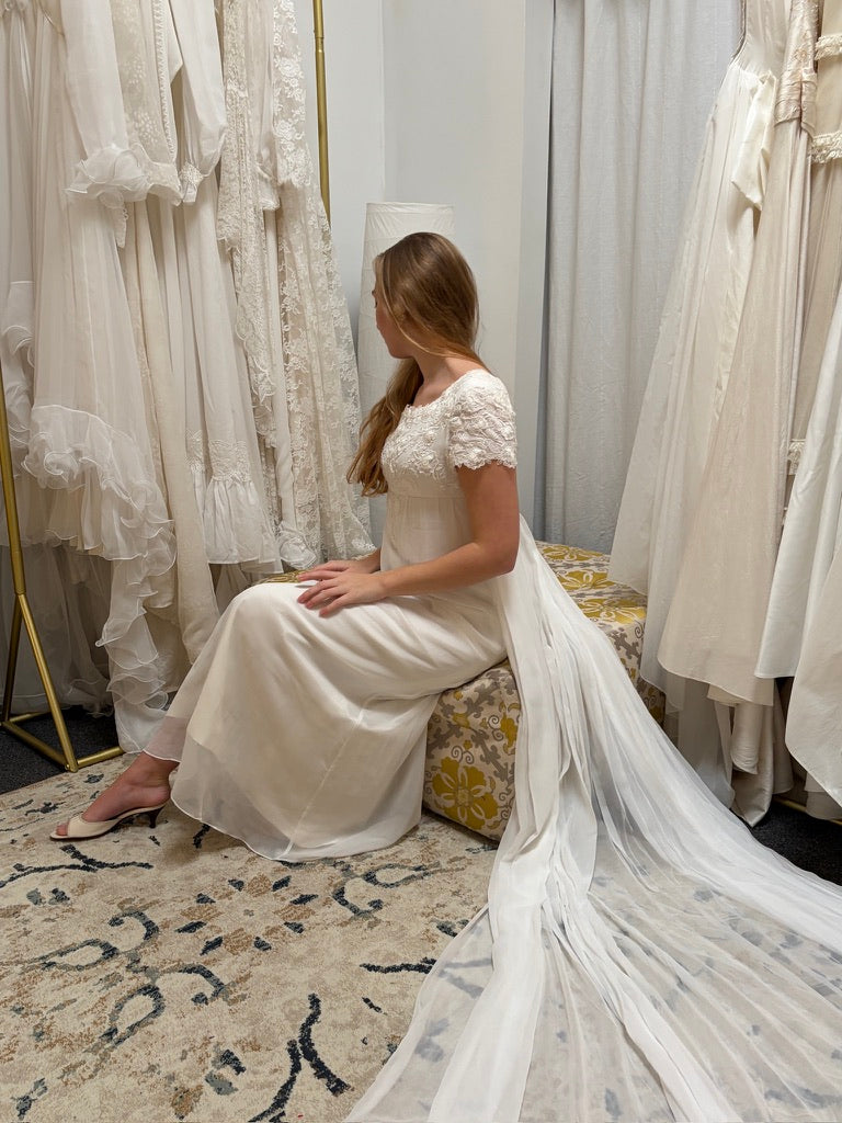 Vintage 60s column wedding dress with floral applique and dramatic train