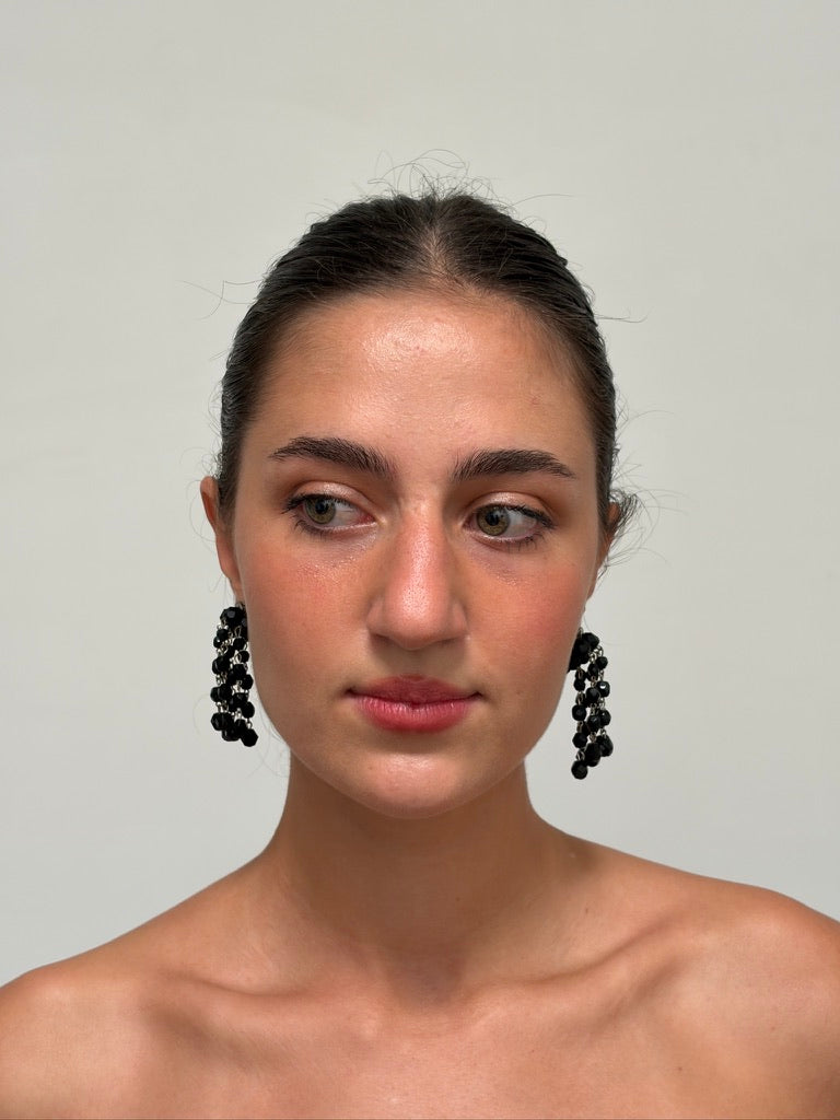 Vintage 80s black beaded dangle clip on earrings