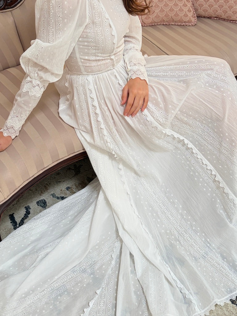 Vintage 70s embroidered cotton voile long sleeve wedding dress with train