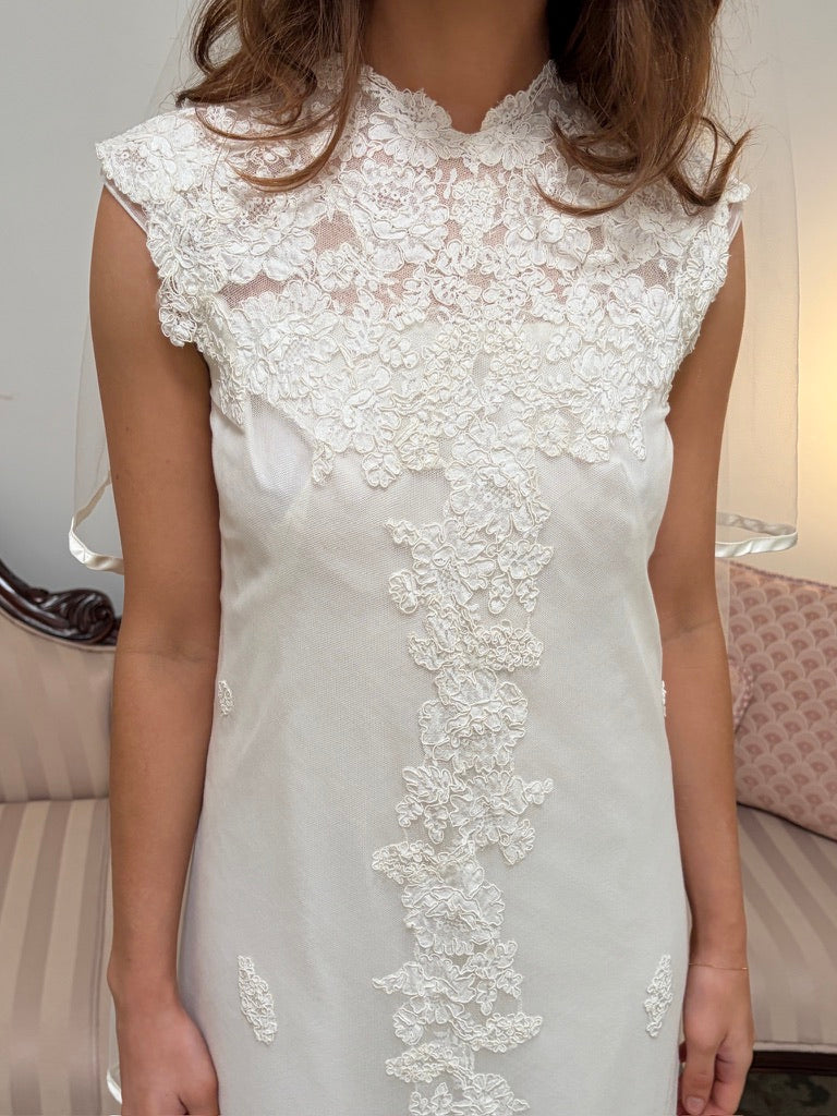 Vintage 60s Alfred Angelo high neck alençon lace column wedding dress