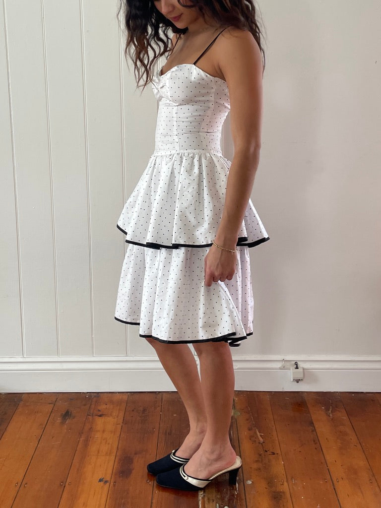 Vintage 80s white polka dot tiered mini dress