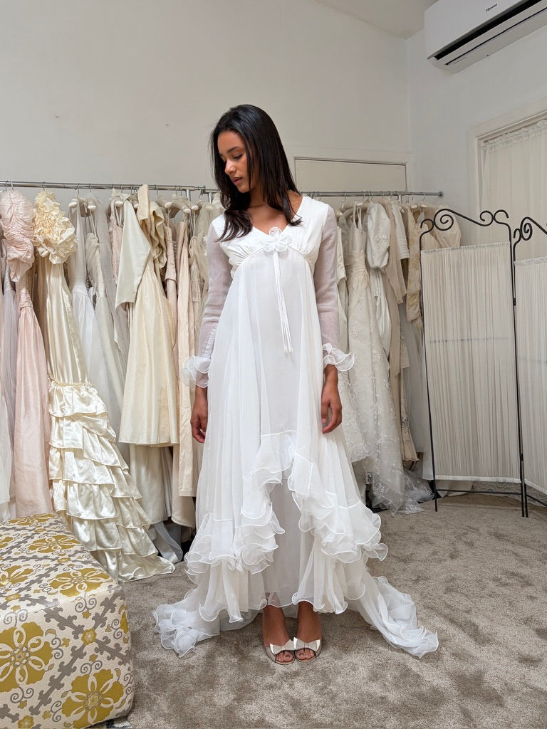 Vintage 70s Margo Prince ethereal ruffled chiffon long sleeve wedding dress with train