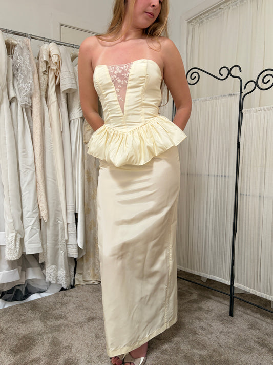 Vintage 80s cream taffeta strapless column wedding dress with peplum
