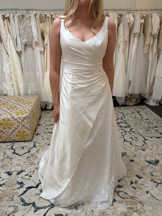 Vintage 00s V-neck draped silk taffeta lace wedding gown with train
