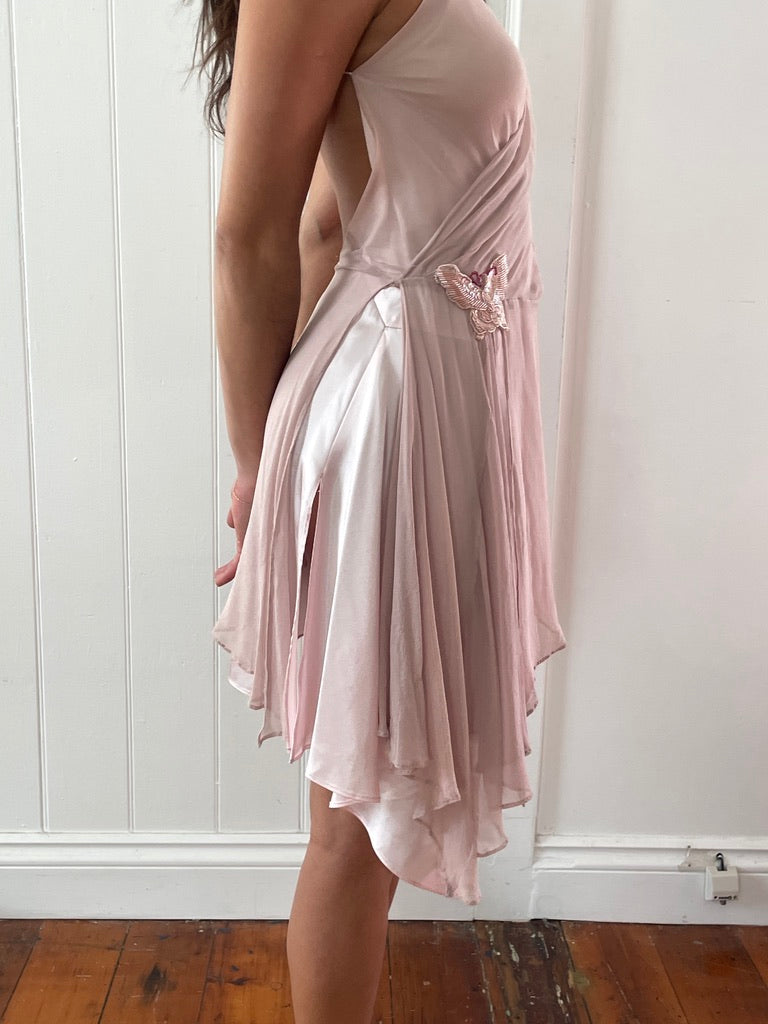 Vintage 90s pink silk bias cut mini dress with beaded butterfly