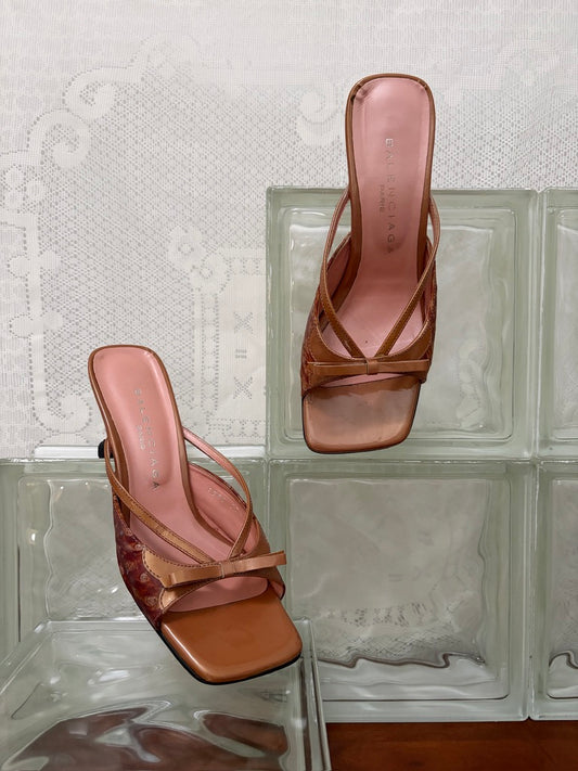 Vintage Balenciaga caramel square toe mules with bow