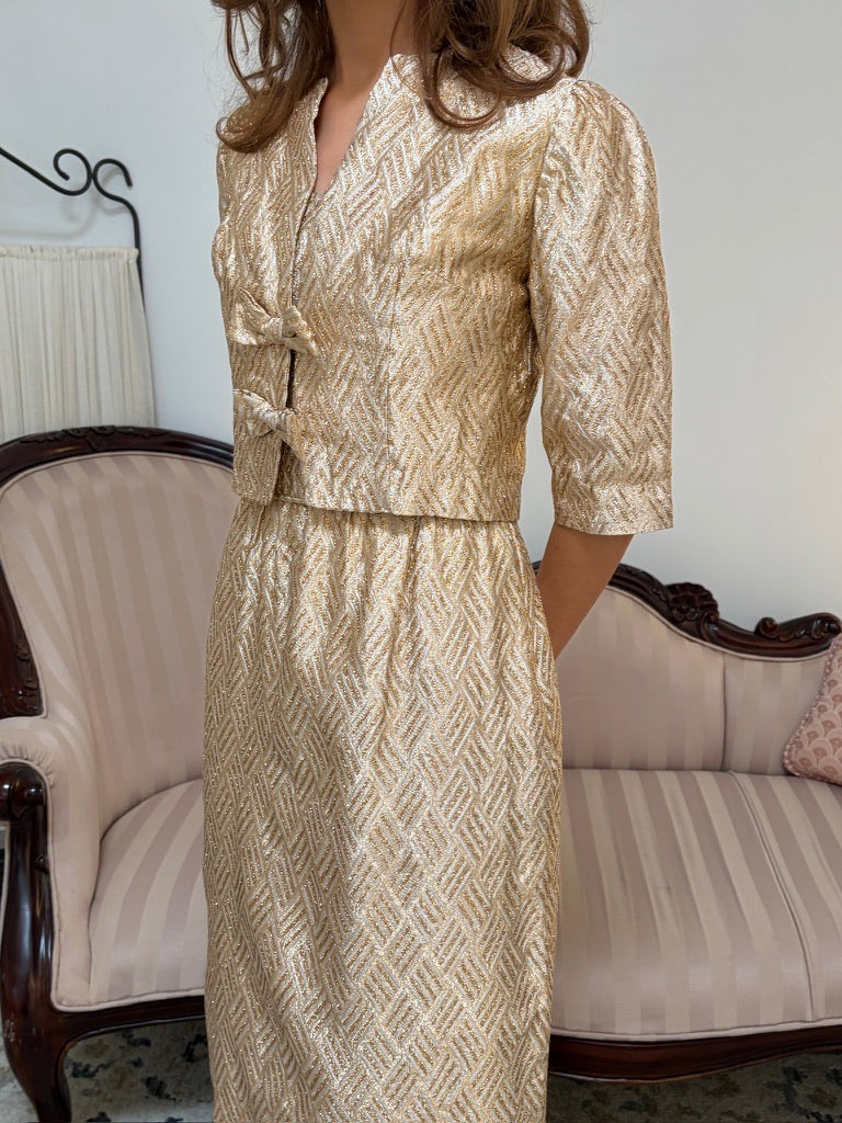 Vintage 60s gold sheath dress with matching bow jacket