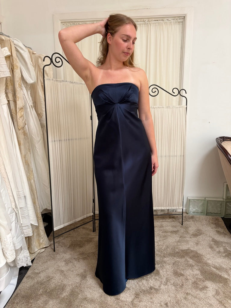 Vintage 90s Shelli Segal navy blue strapless evening dress