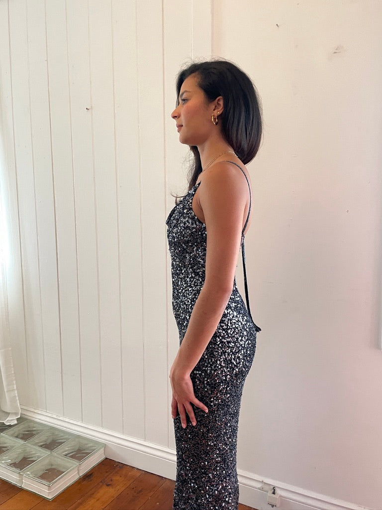 Vintage 90s midnight beaded open back evening dress