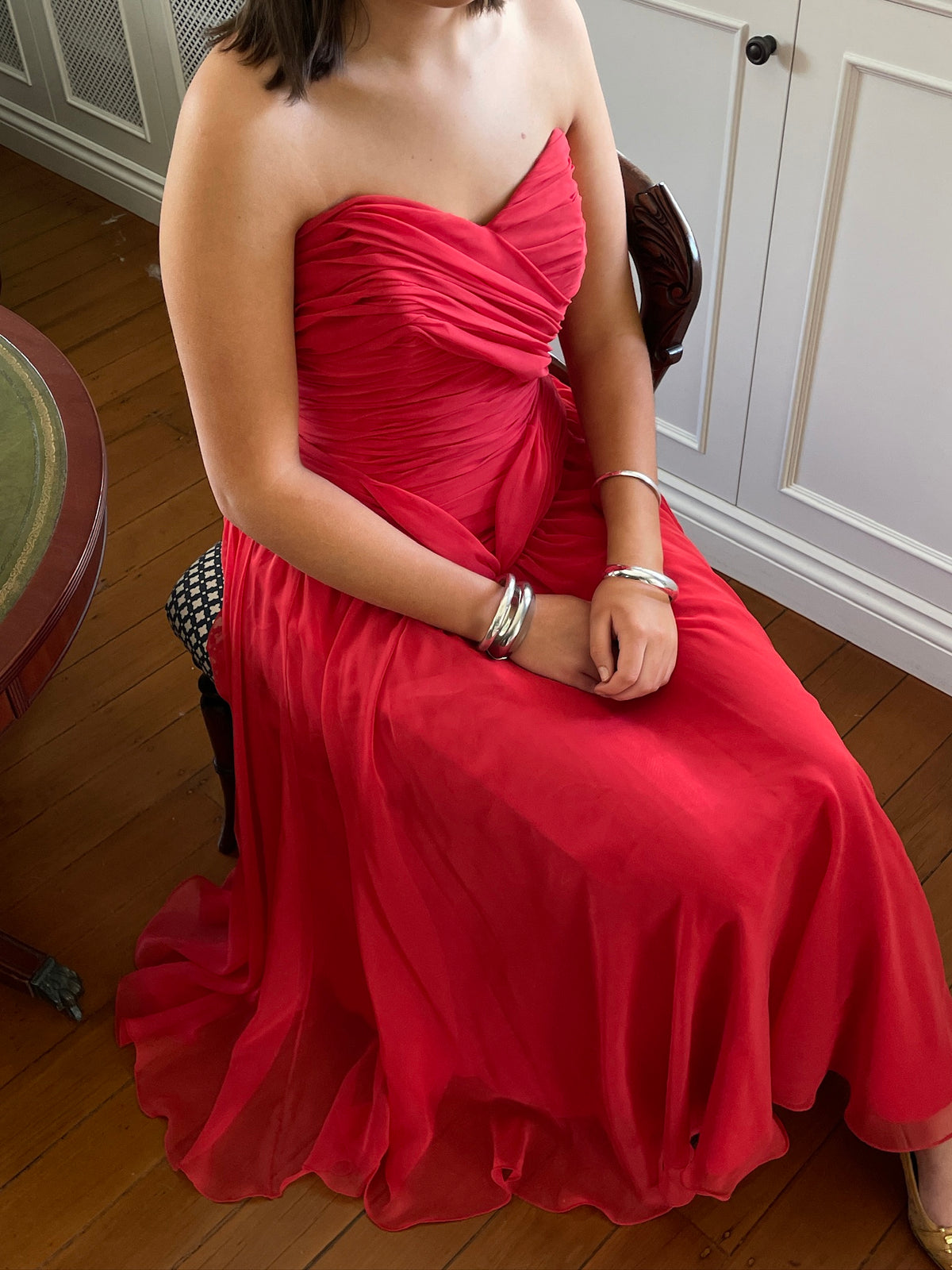 Vintage 80s red strapless basque waist gown with pleated bodice
