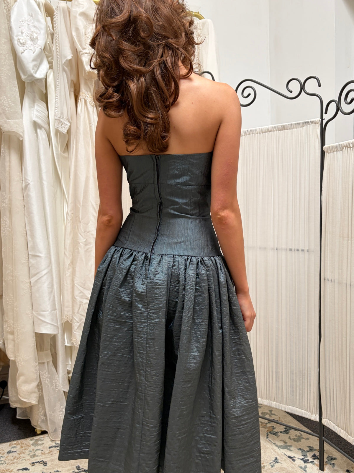 Vintage 80s slate drop waist midi dress with bow