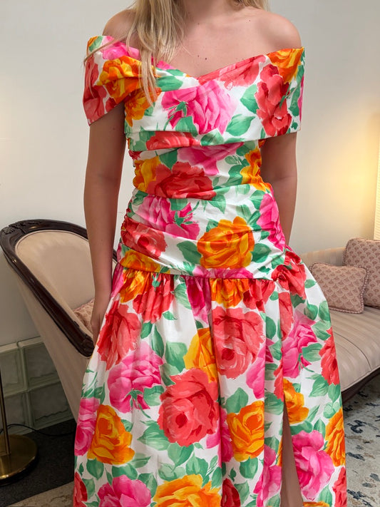 Vintage 80s Scaasi boutique floral drop waist off shoulder gown