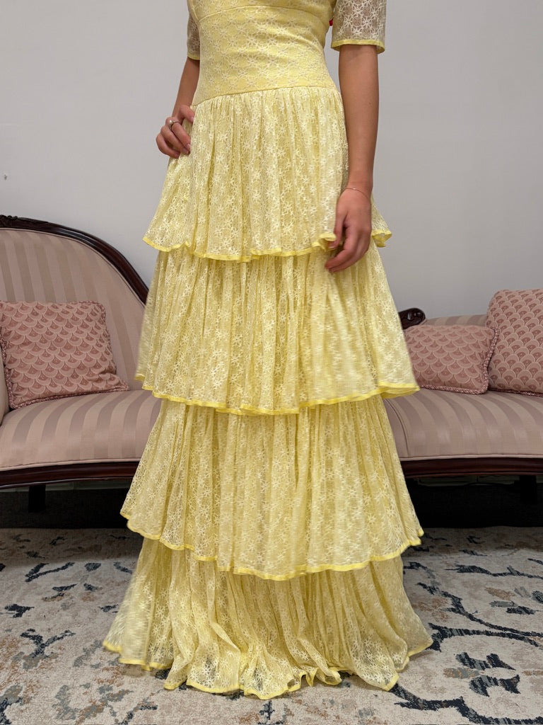 Vintage 70s lemon yellow tiered lace evening dress