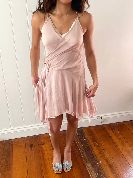 Vintage 90s pink silk bias cut mini dress with beaded butterfly