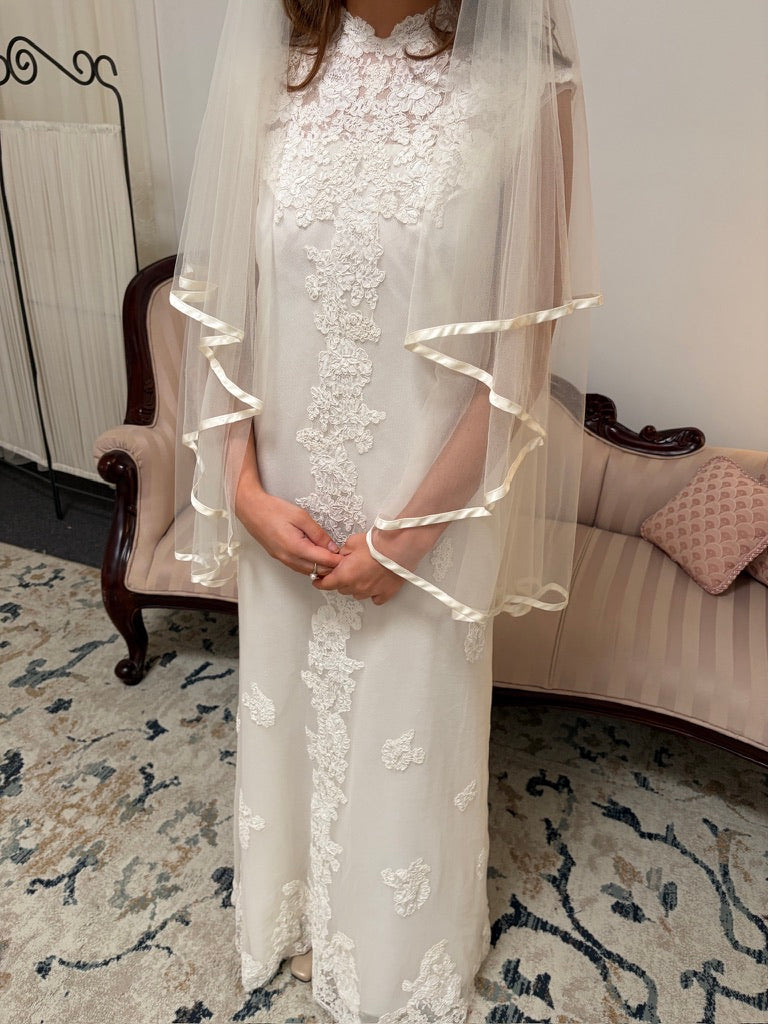 Vintage 60s Alfred Angelo high neck alençon lace column wedding dress